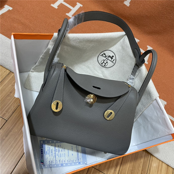 Hermes Lindy 26/30cm Bag Clemence Leather In Dk-Grey Gold-Metal WAX High