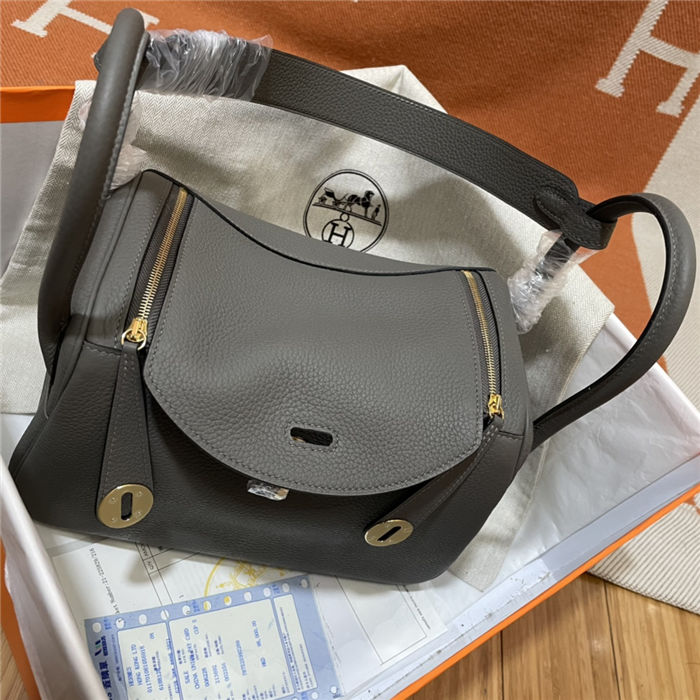 Hermes Lindy 26/30cm Bag Clemence Leather In Dk-Grey Gold-Metal WAX High