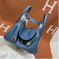 Hermes Lindy 26/30cm Bag Clemence Leather In Denim Blue Gold-Metal WAX High