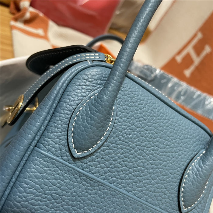 Hermes Lindy 26/30cm Bag Clemence Leather In Denim Blue Gold-Metal WAX High