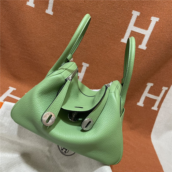 Hermes Lindy 26/30cm Bag Clemence Leather In Lt-Green Silver-Metal WAX High