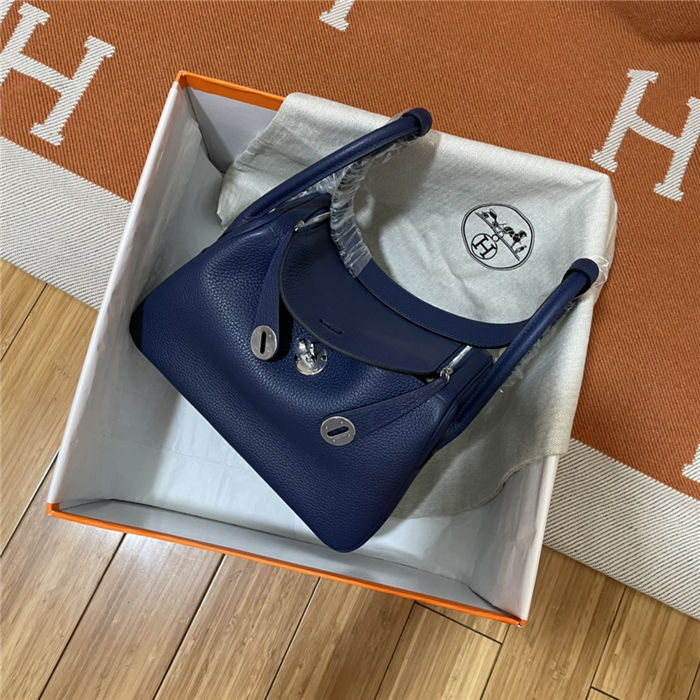 Hermes Lindy 26/30cm Bag Clemence Leather In Navy Silver-Metal WAX High