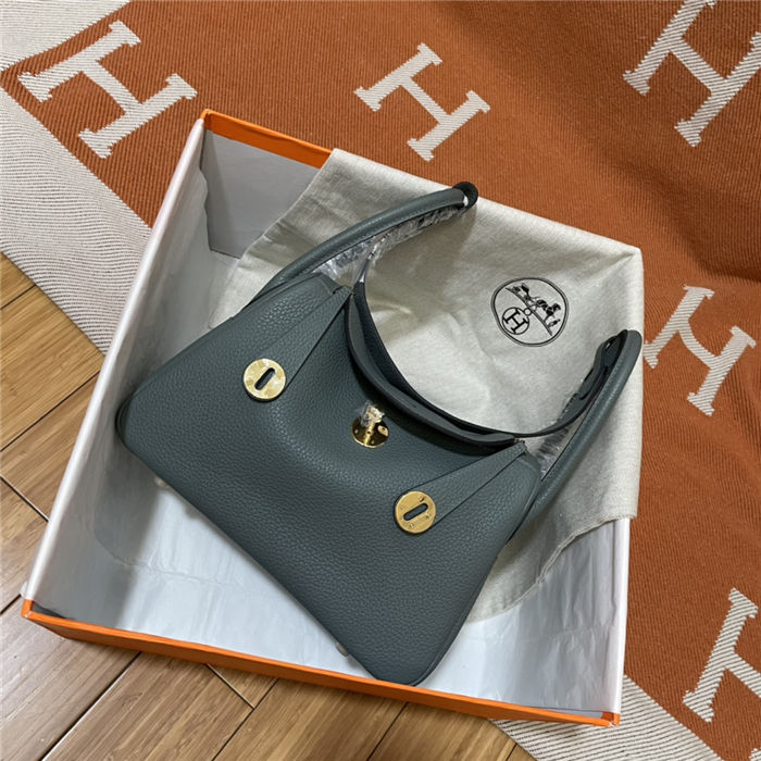 Hermes Lindy 26/30cm Bag Clemence Leather In Grey-Green Gold-Metal WAX High