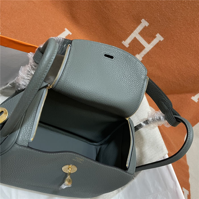 Hermes Lindy 26/30cm Bag Clemence Leather In Grey-Green Gold-Metal WAX High