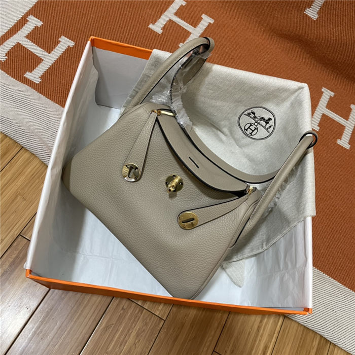 Hermes Lindy 26/30cm Bag Clemence Leather In Tourterelle Gold-Metal WAX High