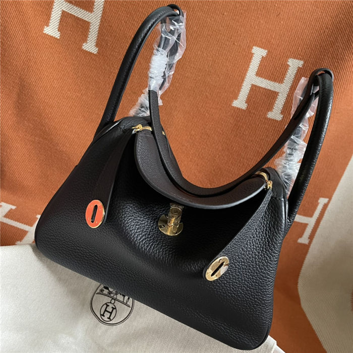 Hermes Lindy 26/30cm Bag Clemence Leather In Black Gold-Metal WAX High