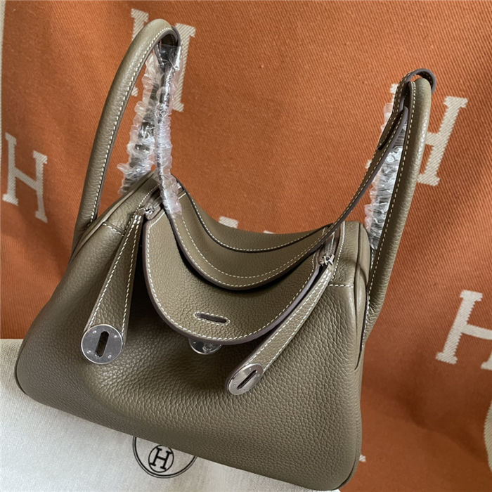 Hermes Lindy 26/30cm Bag Clemence Leather In Etoupe Silver-Metal WAX High