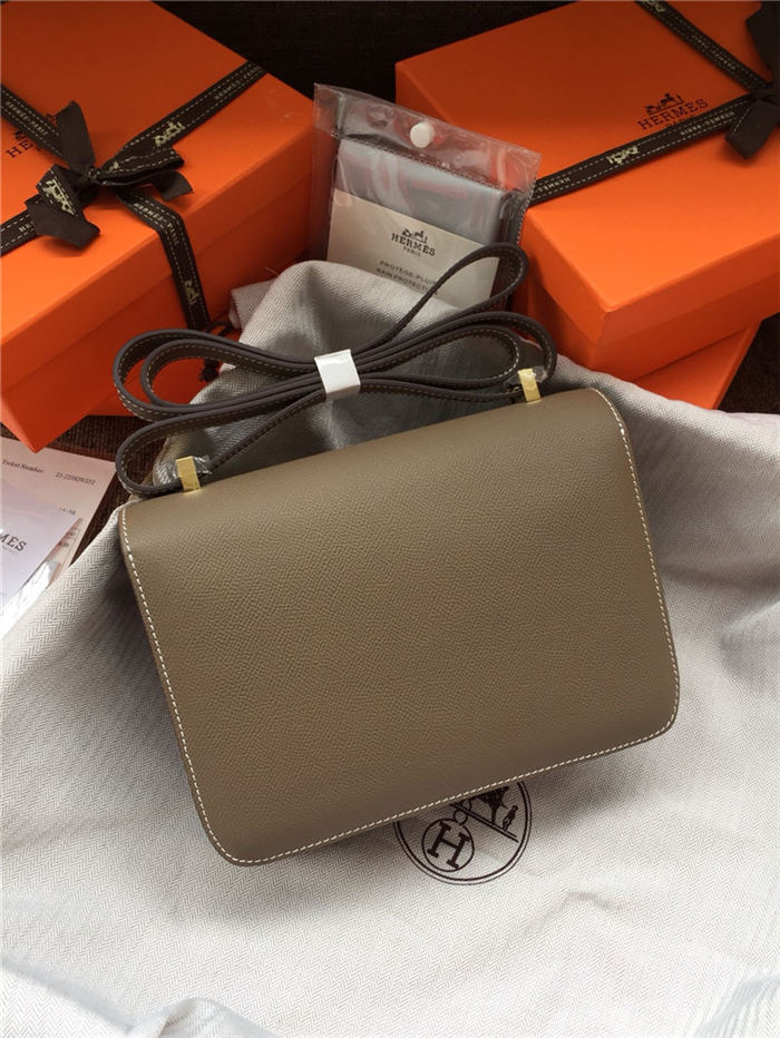 Hermes Mini Constance 18cm/24cm Epsom Bag Silver/Gold Metal Etoupe High