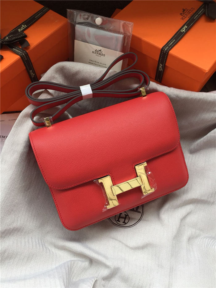 Hermes Mini Constance 18cm/24cm Epsom Bag Silver/Gold Metal Red High