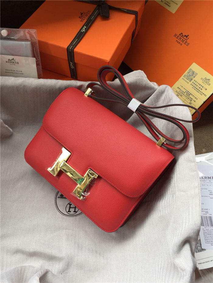 Hermes Mini Constance 18cm/24cm Epsom Bag Silver/Gold Metal Red High