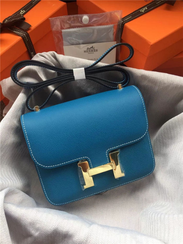 Hermes Mini Constance 18cm/24cm Epsom Bag Silver/Gold Metal Denim Blue High