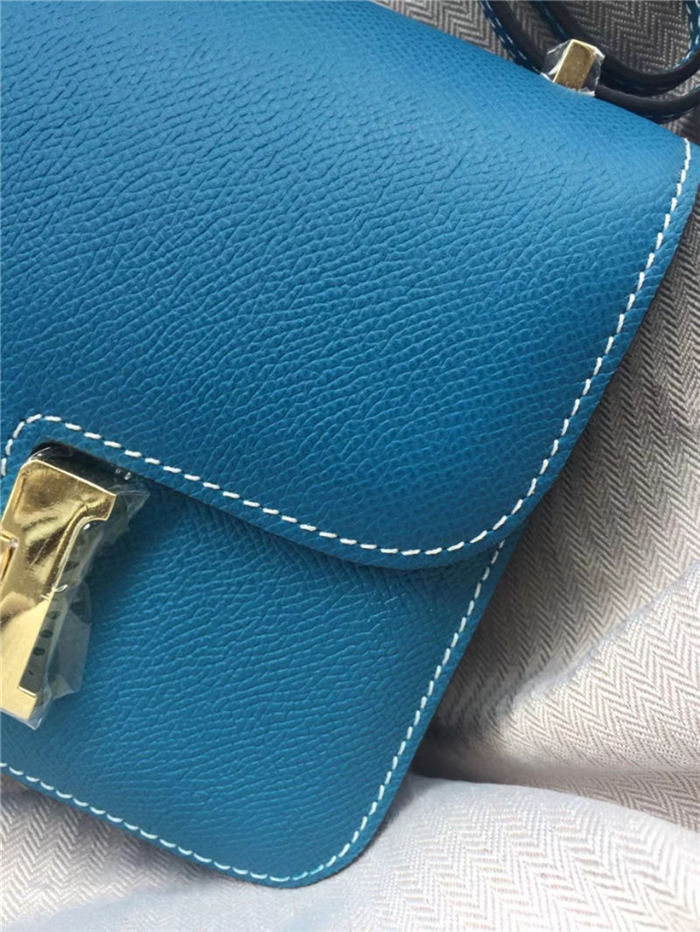 Hermes Mini Constance 18cm/24cm Epsom Bag Silver/Gold Metal Denim Blue High