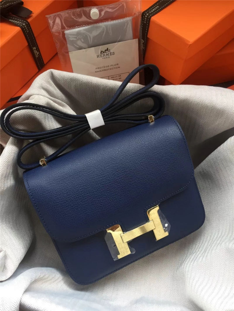 Hermes Mini Constance 18cm/24cm Epsom Bag Silver/Gold Metal Navy High