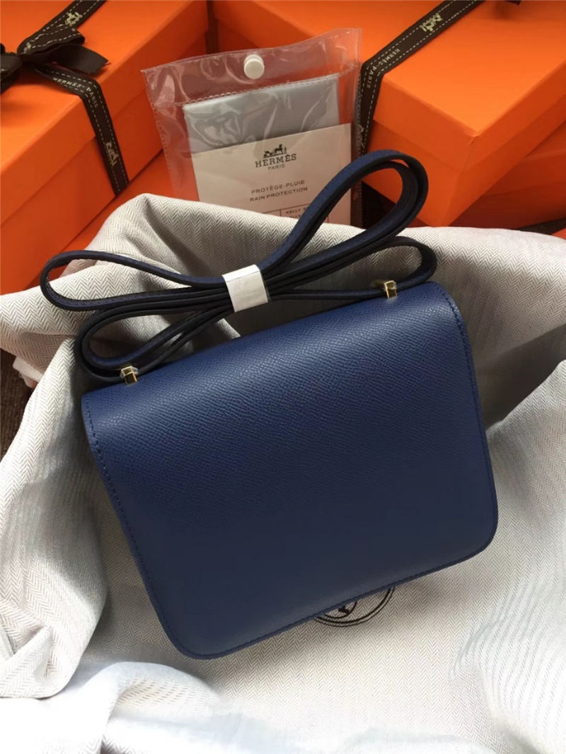 Hermes Mini Constance 18cm/24cm Epsom Bag Silver/Gold Metal Navy High