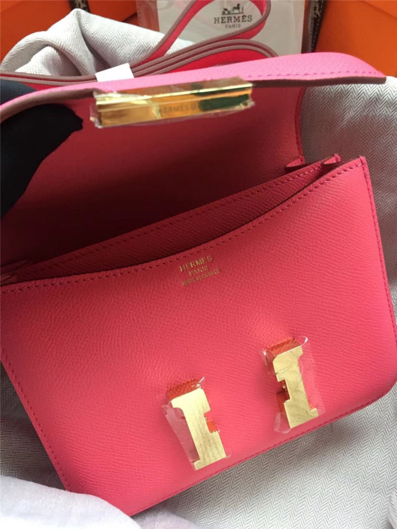 Hermes Mini Constance 18cm/24cm Epsom Bag Silver/Gold Metal Rose Red High