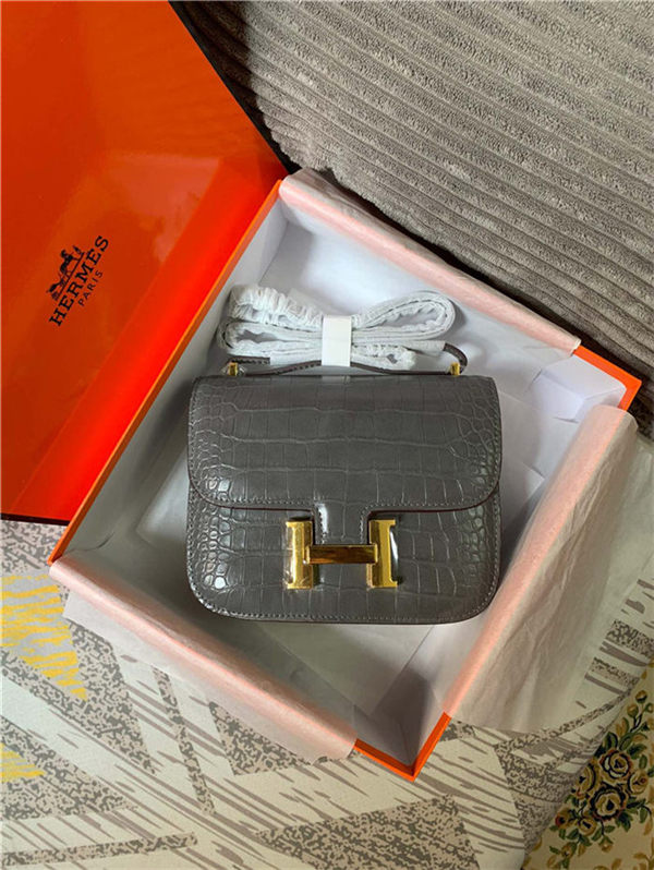 Hermes Mini Constance Crocodile Leather Bag Silver/Gold Metal High