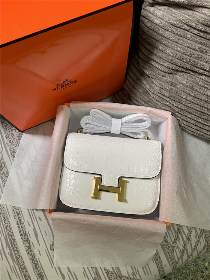 Hermes Mini Constance Crocodile Leather Bag Silver/Gold Metal High