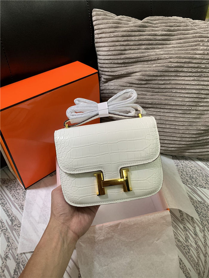 Hermes Mini Constance Crocodile Leather Bag Silver/Gold Metal High