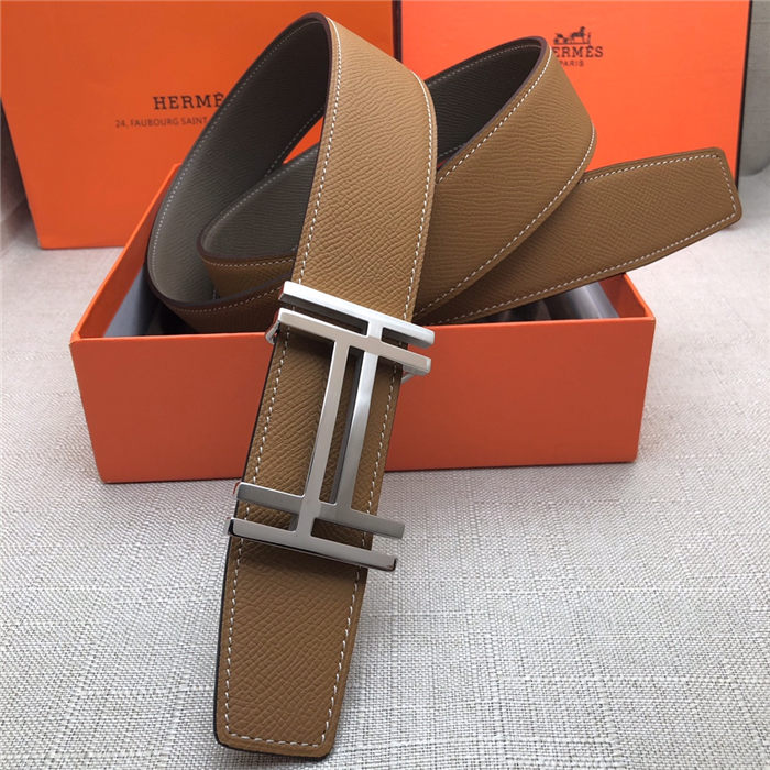 Hermes H au Carre belt buckle & Reversible leather strap 38 mm Epsom Camel/Grey High