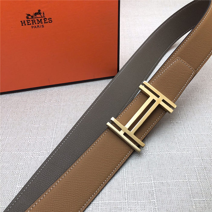 Hermes H au Carre belt buckle & Reversible leather strap 38 mm Epsom Camel/Grey High