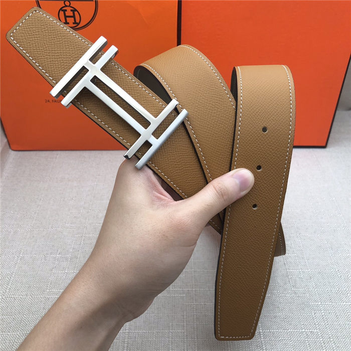 Hermes H au Carre belt buckle & Reversible leather strap 38 mm Epsom Camel/Grey High