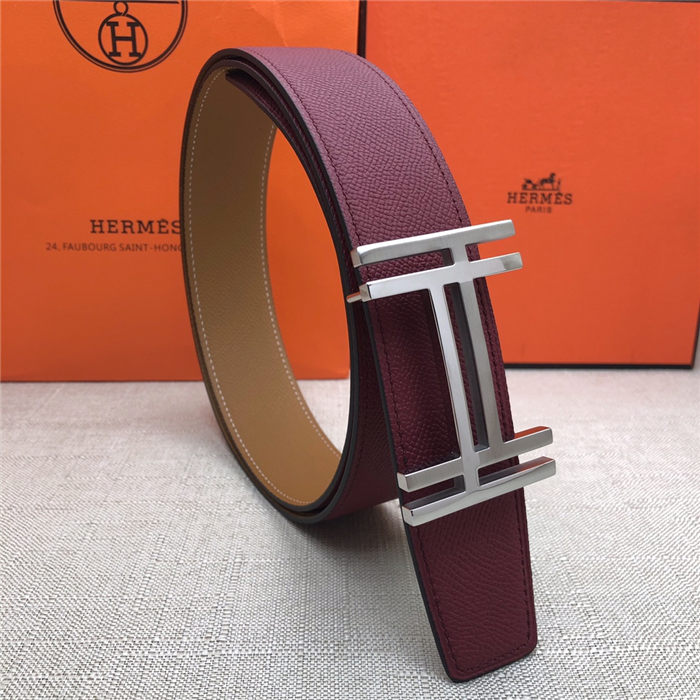 Hermes H au Carre belt buckle & Reversible leather strap 38 mm Epsom Camel/Burgundy High