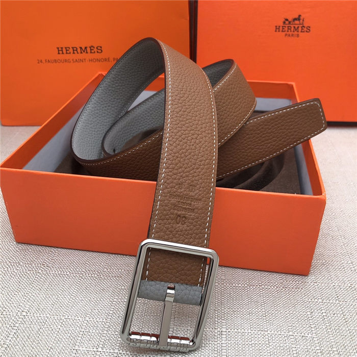 Hermes Code 32 reversible belt Togo Camel/Grey with Silver Buckle High