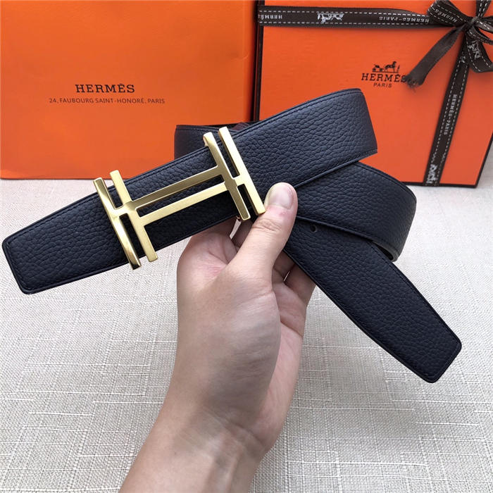 Hermes H au Carre belt buckle & Reversible leather strap 32/38 mm Togo Navy High