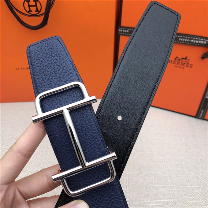 Hermes Royal belt buckle & Reversible leather strap 32 mm Togo Navy High