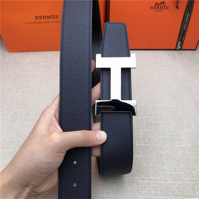 Hermes Constance belt buckle & Reversible leather strap 32/38 mm Togo Navy Shiny-Metal High