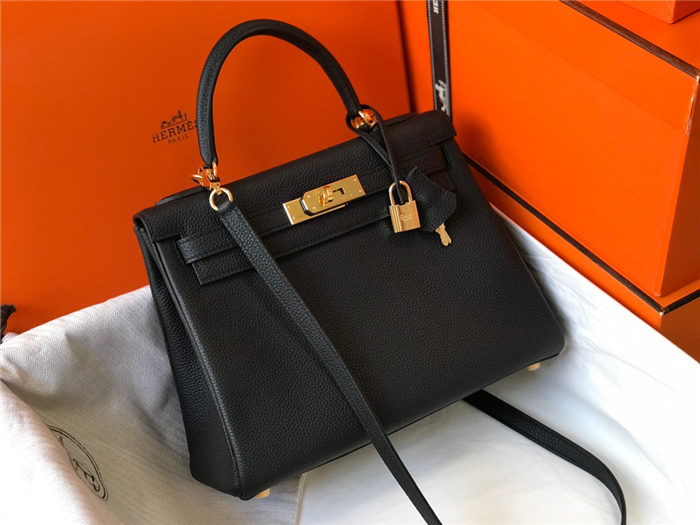 Hermes Kelly 25/28cm Retourne Bag Togo Leather In Black WAX High