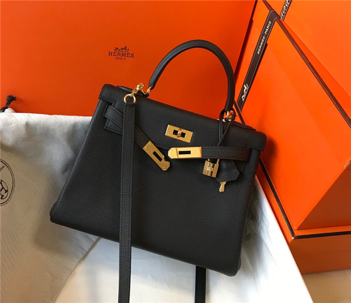 Hermes Kelly 25/28cm Retourne Bag Togo Leather In Black WAX High