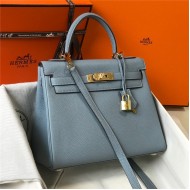 Hermes Kelly 25/28cm Retourne Bag Togo Leather In Grey-Blue WAX High