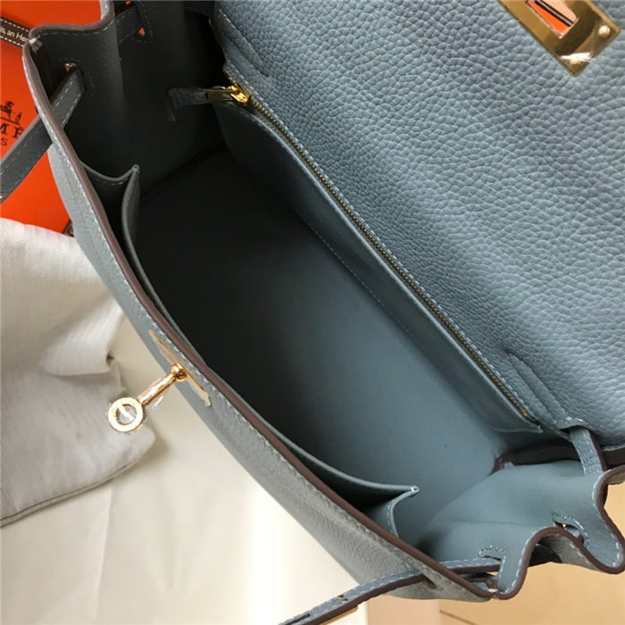 Hermes Kelly 25/28cm Retourne Bag Togo Leather In Grey-Blue WAX High