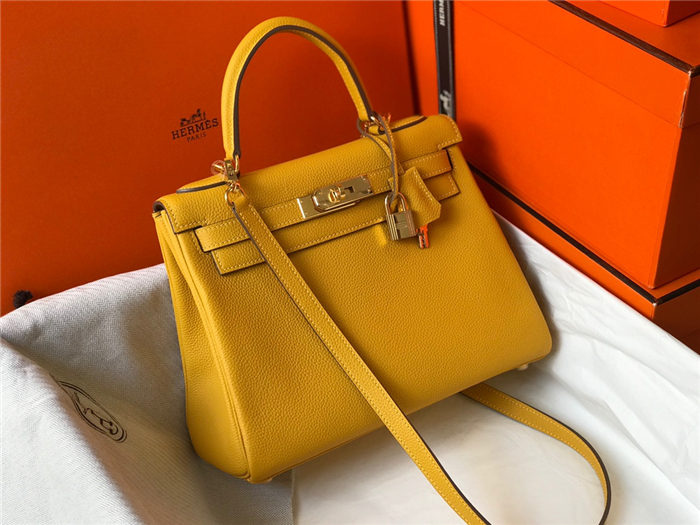 Hermes Kelly 25/28cm Retourne Bag Togo Leather In Yellow WAX High