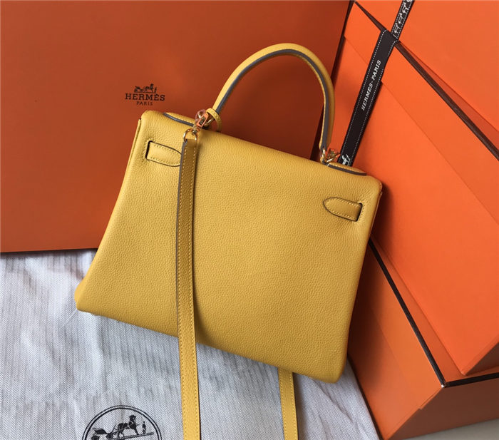 Hermes Kelly 25/28cm Retourne Bag Togo Leather In Yellow WAX High