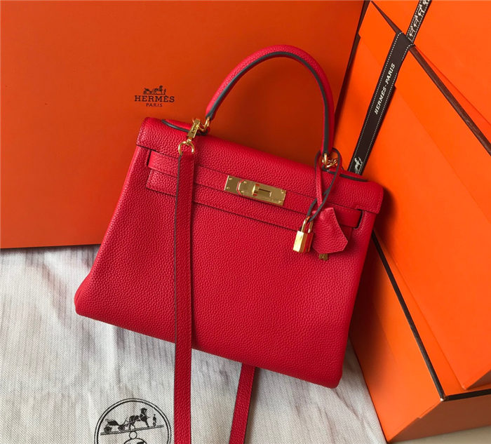 Hermes Kelly 25/28cm Retourne Bag Togo Leather In Red WAX High