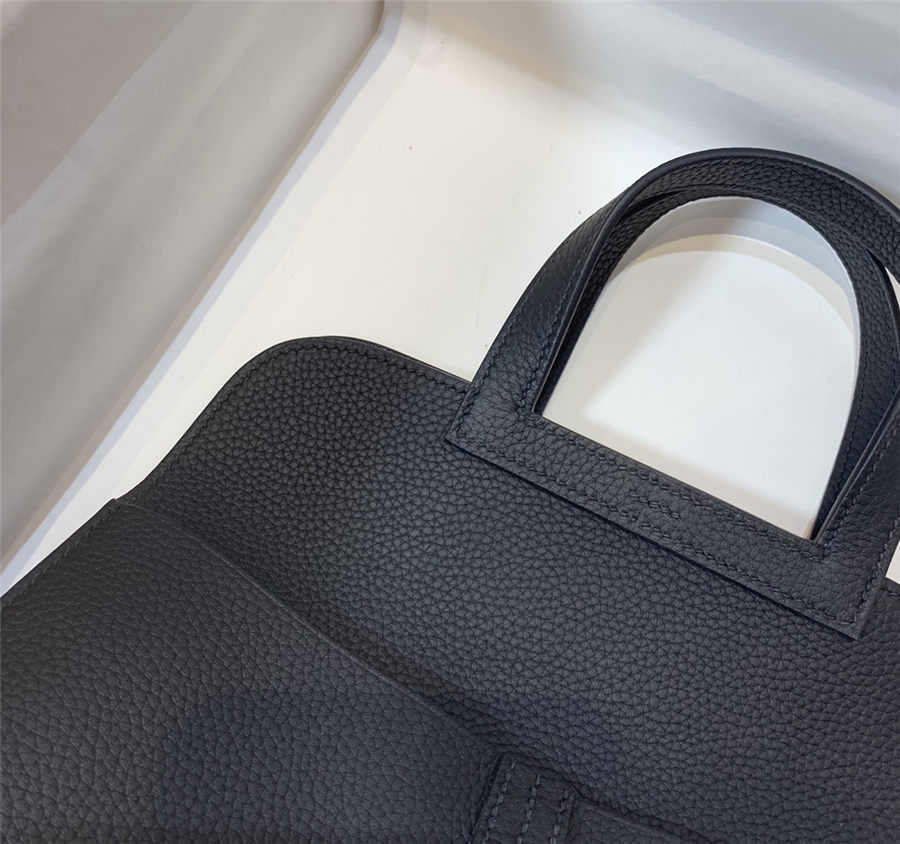 Hermes Halzan 22/25cm Bag Clemence Leather WAX In Black High