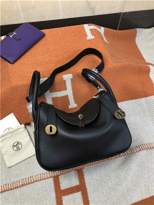 Hermes Lindy 26/30cm Bag Clemence Leather In Black Gold-Metal High