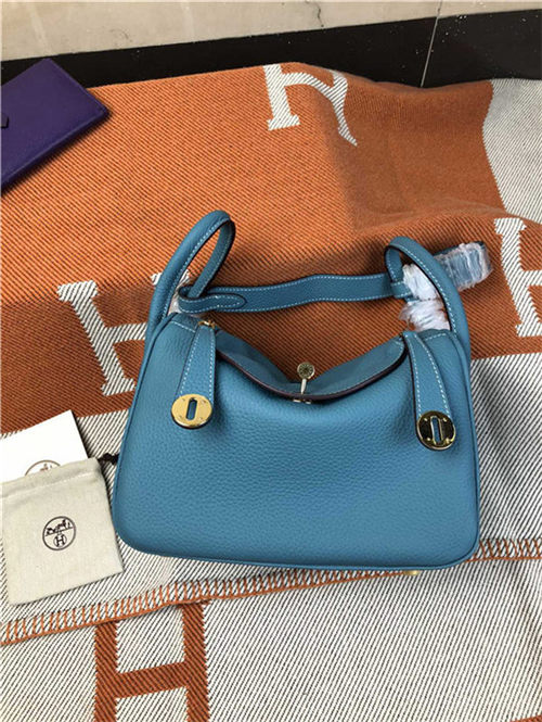 Hermes Lindy 26/30cm Bag Clemence Leather In Blue Gold-Metal High