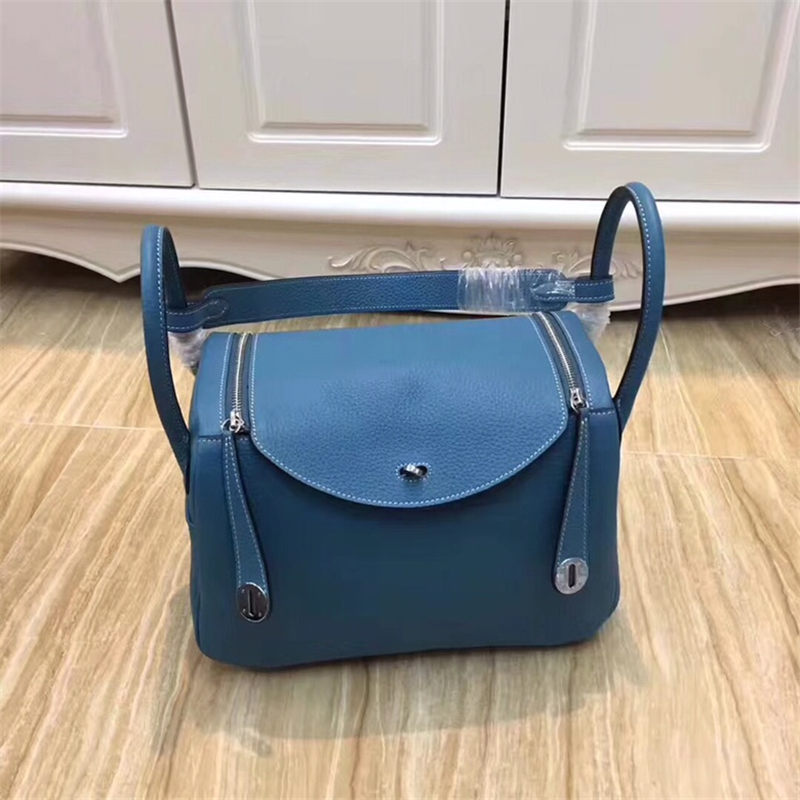 Hermes Lindy 26/30cm Bag Clemence Leather In Denim Blue Silver-Metal High