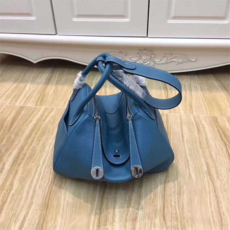 Hermes Lindy 26/30cm Bag Clemence Leather In Denim Blue Silver-Metal High