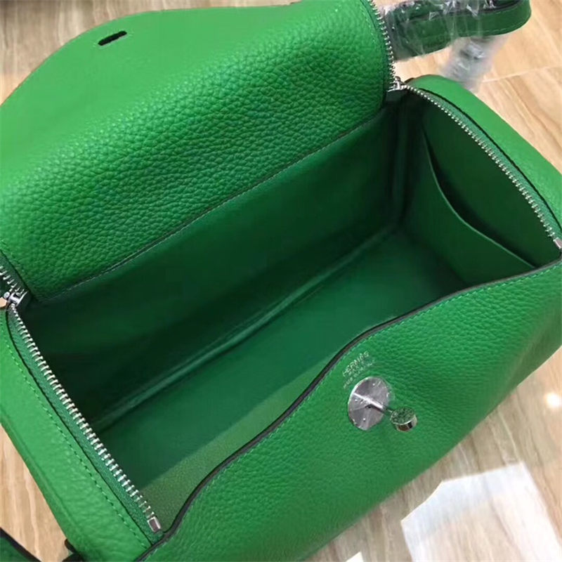 Hermes Lindy 26/30cm Bag Clemence Leather In Green Silver-Metal High