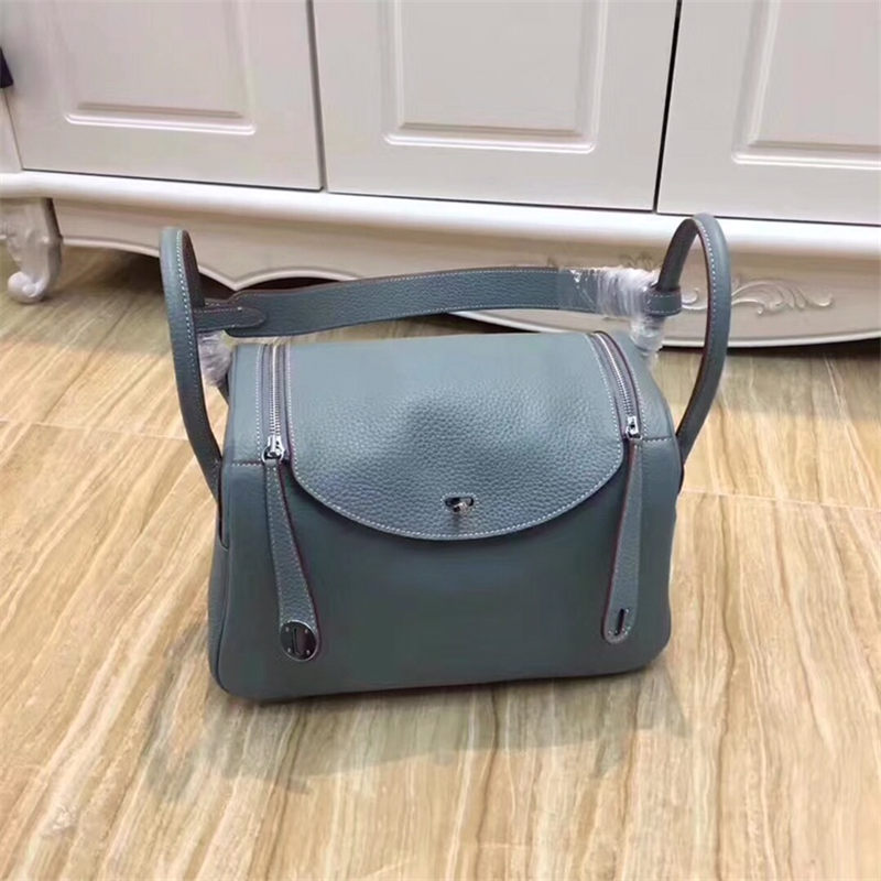 Hermes Lindy 26/30cm Bag Clemence Leather In Grey-Blue Silver-Metal High