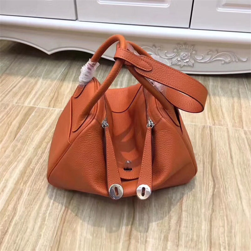 Hermes Lindy 26/30cm Bag Clemence Leather In Orange Silver-Metal High