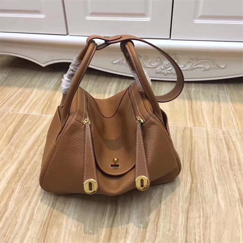 Hermes Lindy 26/30cm Bag Clemence Leather In Camel Silver-Metal High