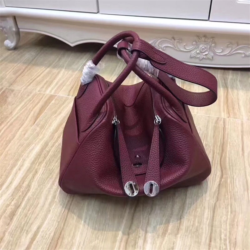 Hermes Lindy 26/30cm Bag Clemence Leather In Wine Silver-Metal High