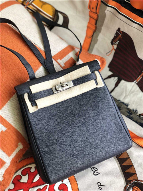 Hermes Kelly Ado PM Backpack Togo Leather WAX In Dk-Navy Gold/Silver-Metal High