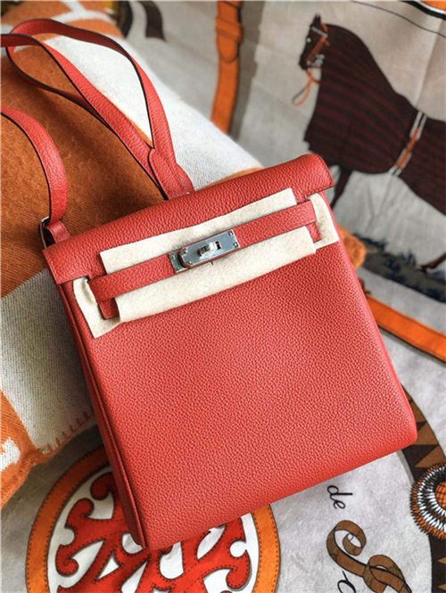 Hermes Kelly Ado PM Backpack Togo Leather WAX In Red Silver-Metal High