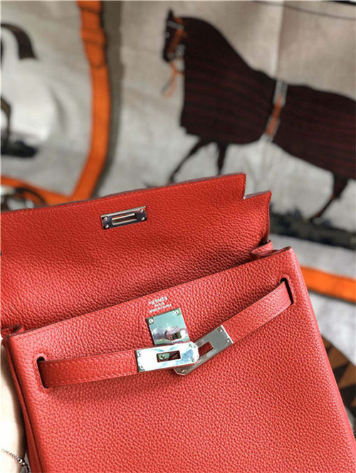 Hermes Kelly Ado PM Backpack Togo Leather WAX In Red Silver-Metal High